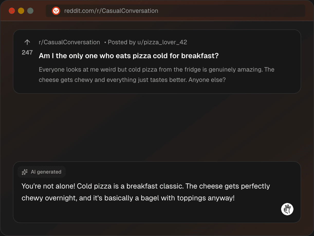 Quickfix AI writing a Reddit reply in dark mode - AI assistant generating a thoughtful response to a Reddit comment