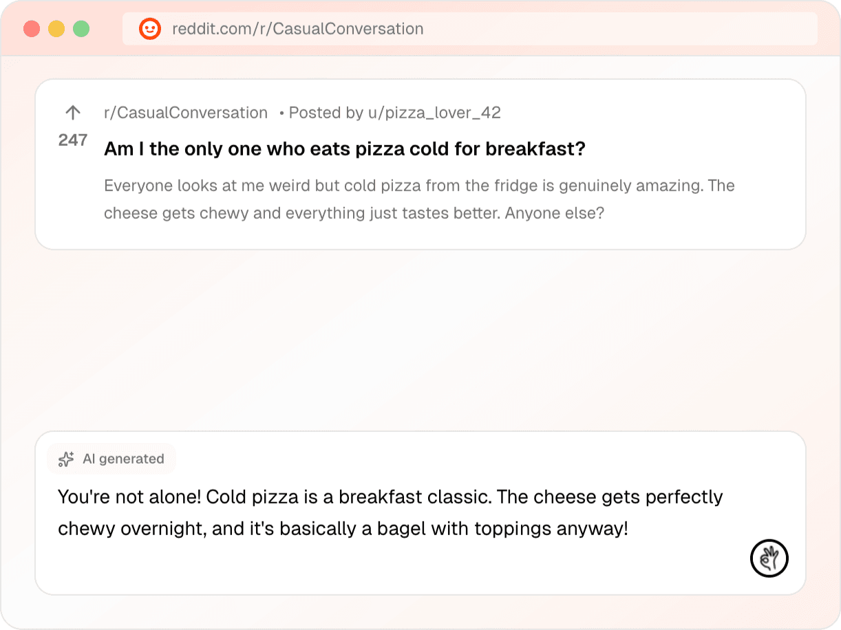 Quickfix AI writing a Reddit reply - AI assistant generating a thoughtful response to a Reddit comment