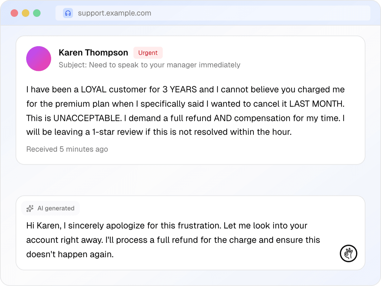 Quickfix AI writing a customer support reply - AI assistant generating a helpful response in Zendesk
