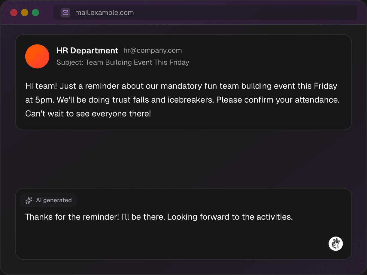 Quickfix AI writing an email reply in dark mode - AI assistant generating a professional response in Gmail