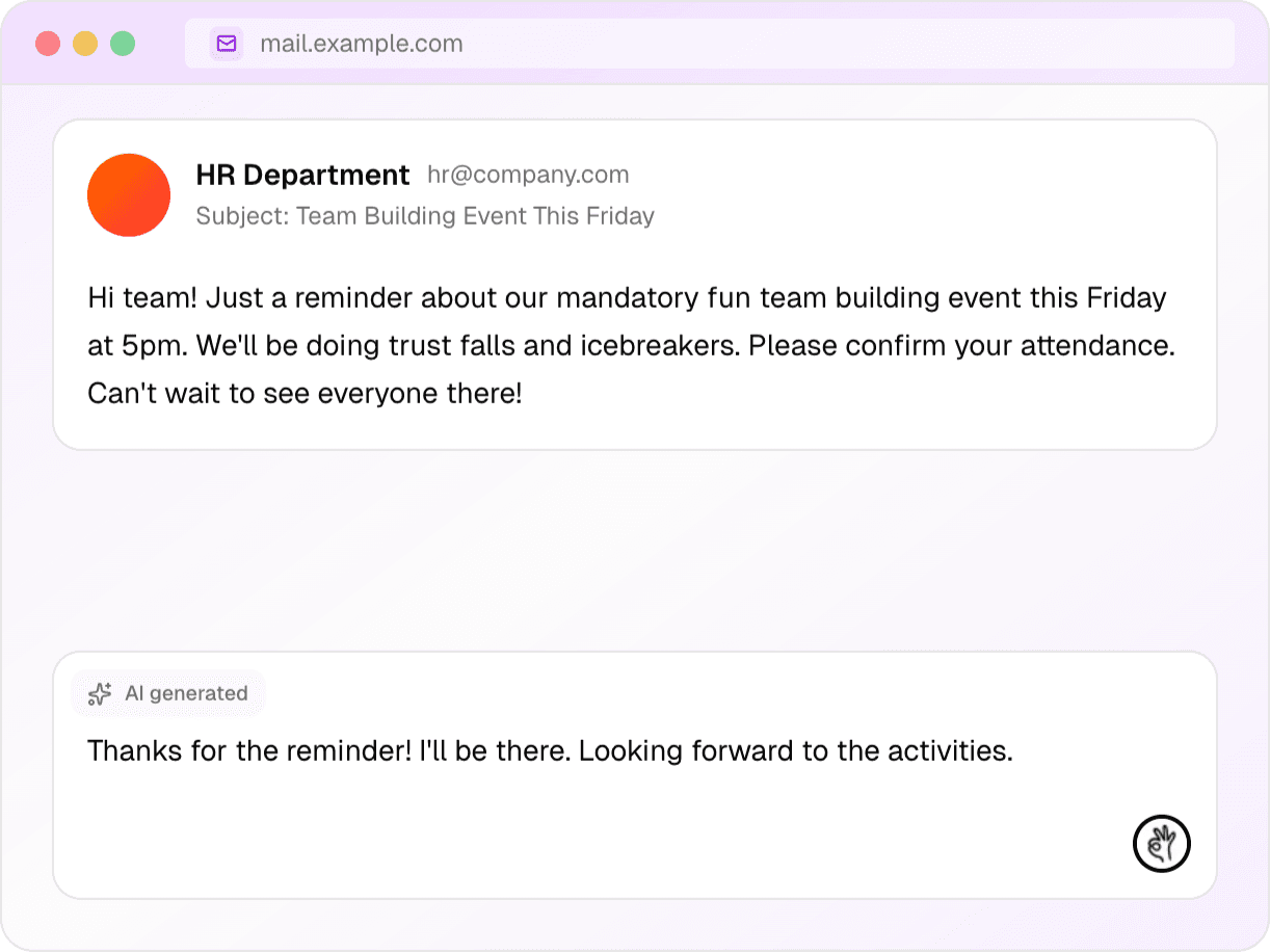 Quickfix AI writing an email reply - AI assistant generating a professional response in Gmail
