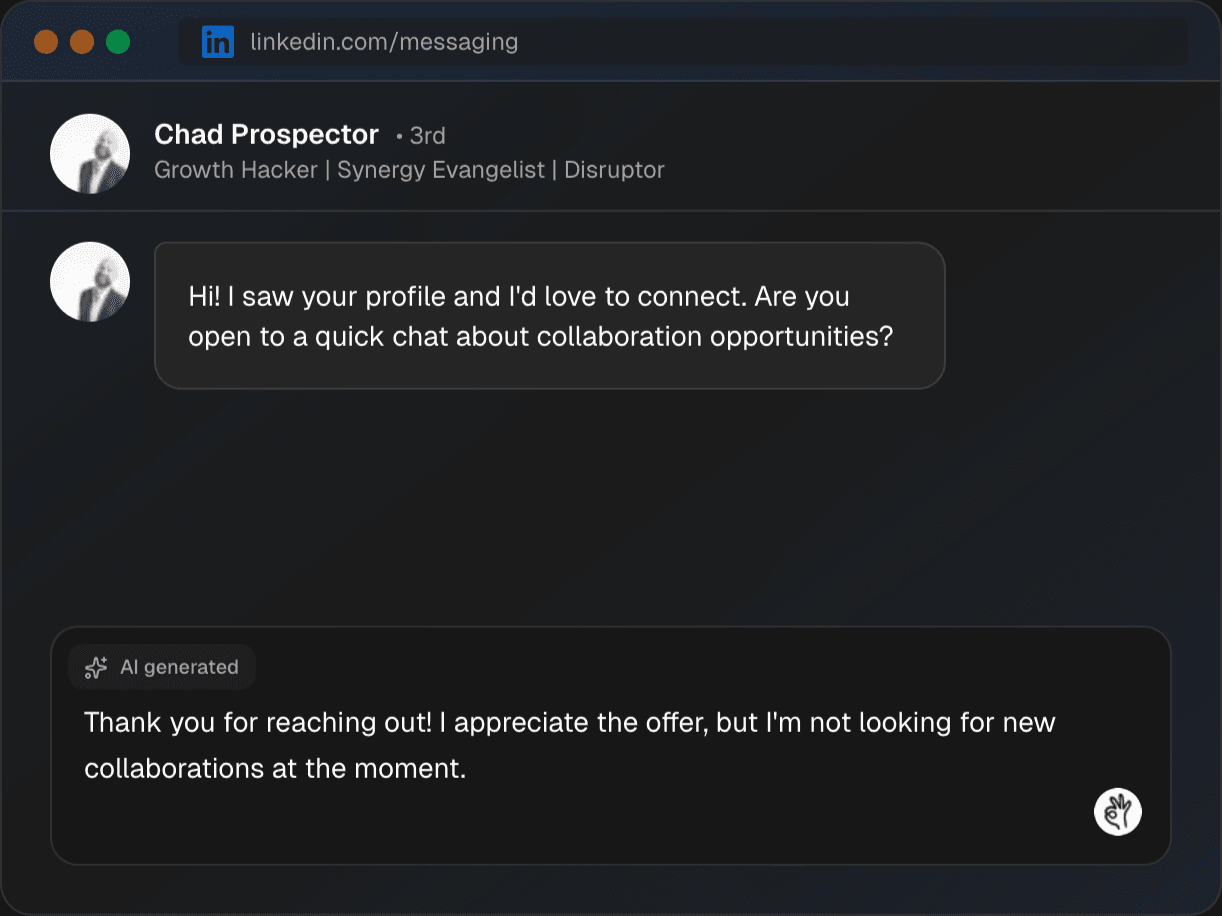 Quickfix AI writing a professional LinkedIn reply in dark mode - AI assistant generating a polite response to a connection request