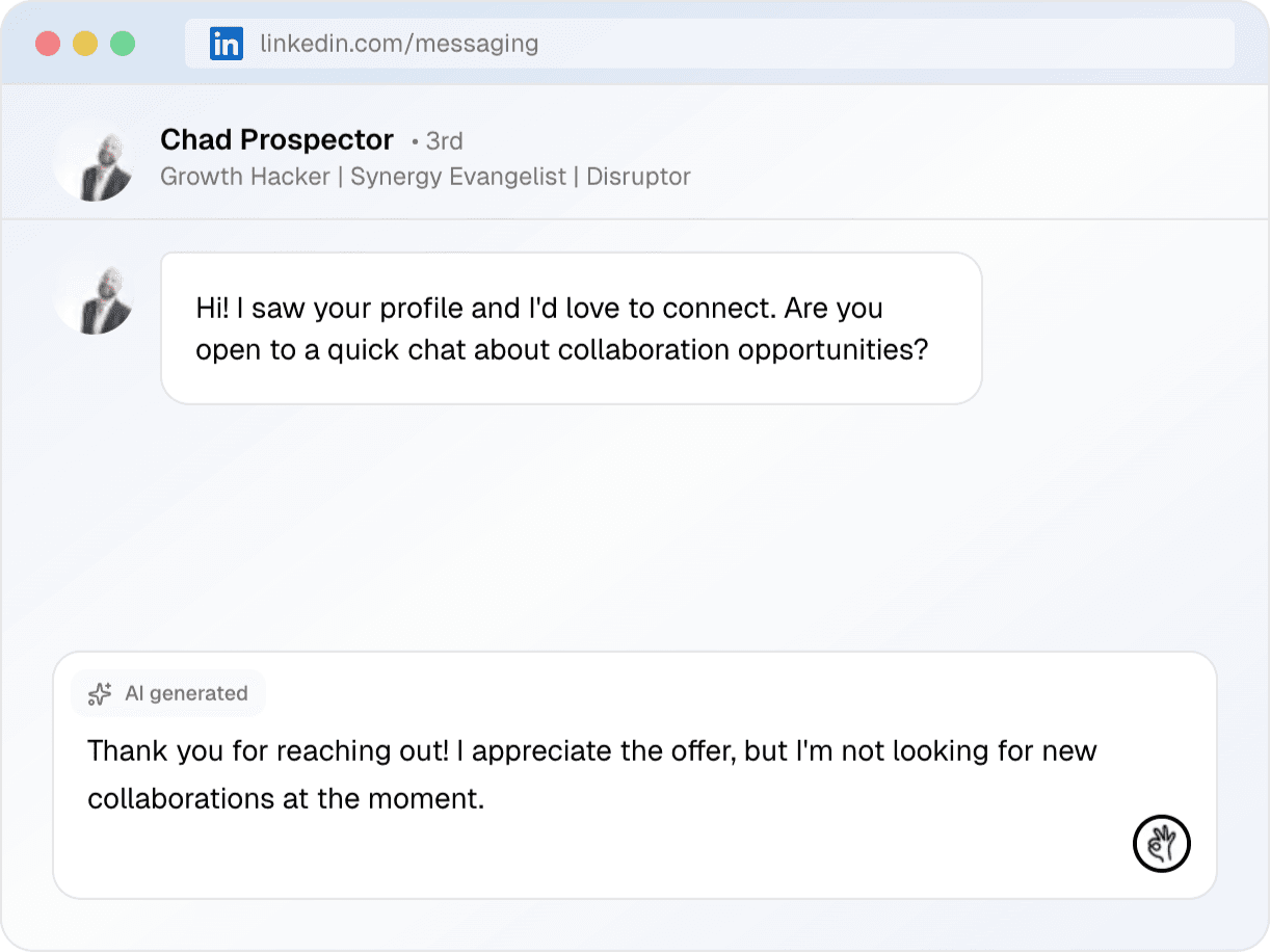 Quickfix AI writing a professional LinkedIn reply - AI assistant generating a polite response to a connection request