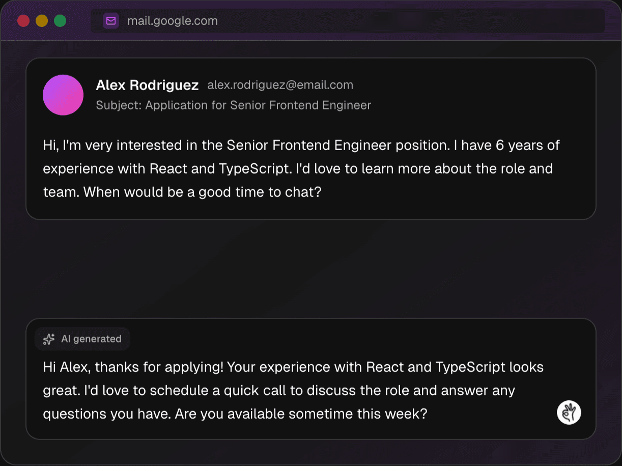 Quickfix AI writing a recruiting reply in dark mode - AI assistant generating a professional response to a candidate application