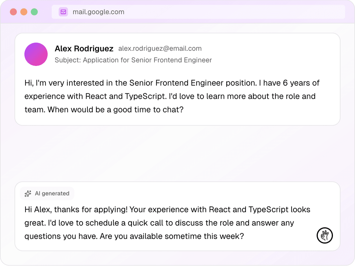 Quickfix AI writing a recruiting reply - AI assistant generating a professional response to a candidate application