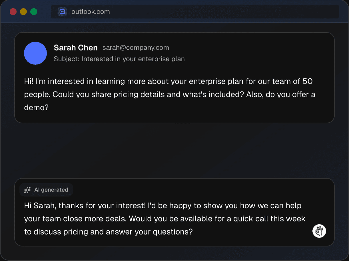 Quickfix AI writing a sales reply in dark mode - AI assistant generating a professional response to a sales inquiry